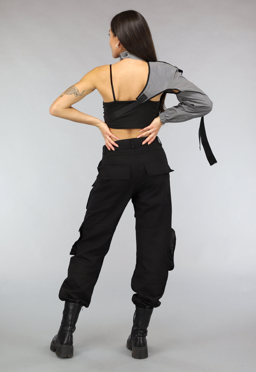 Reflecterende One Sleeve Top met Choker en Gesp Details
