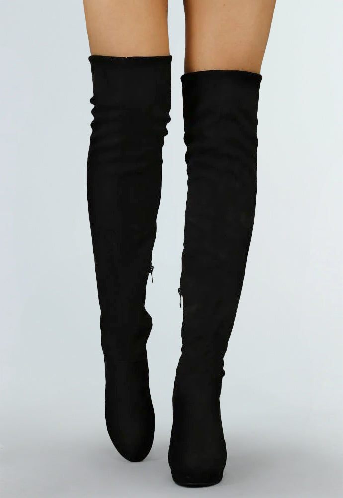 Suède-Look Overknee Laarzen met Hak Zwart