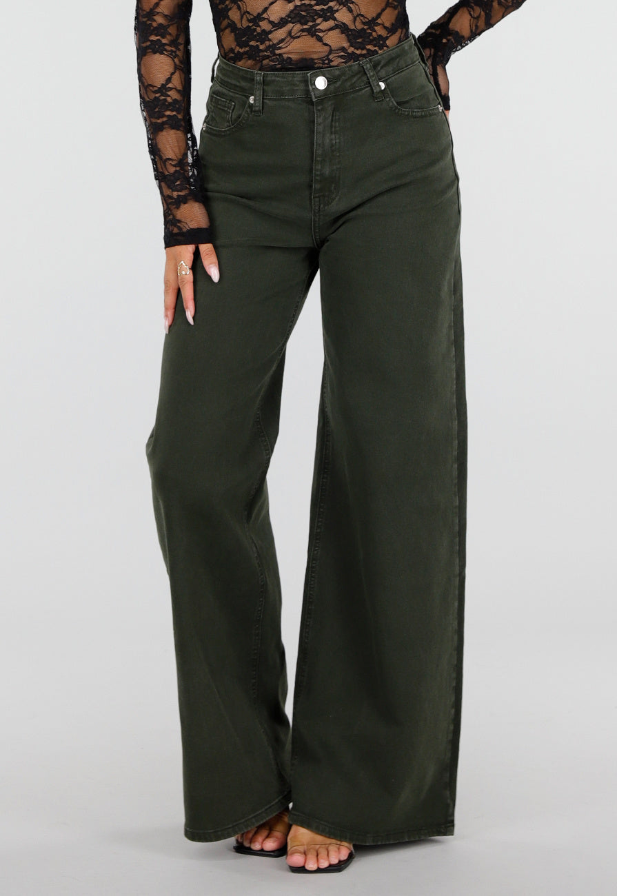 Donkergroene Wide Leg Jeans met Hoge Taille en Lichte Stretch