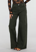Donkergroene Wide Leg Jeans met Hoge Taille en Lichte Stretch