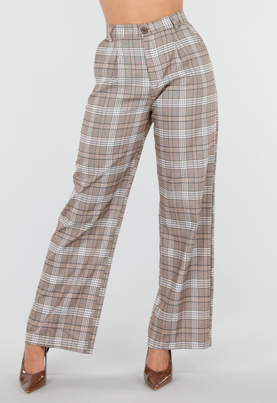 Beige Geruite Pantalon Straight Leg