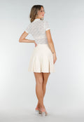 Gebroken Witte Gehaakte Stretch  Top met Col en Korte Mouwen