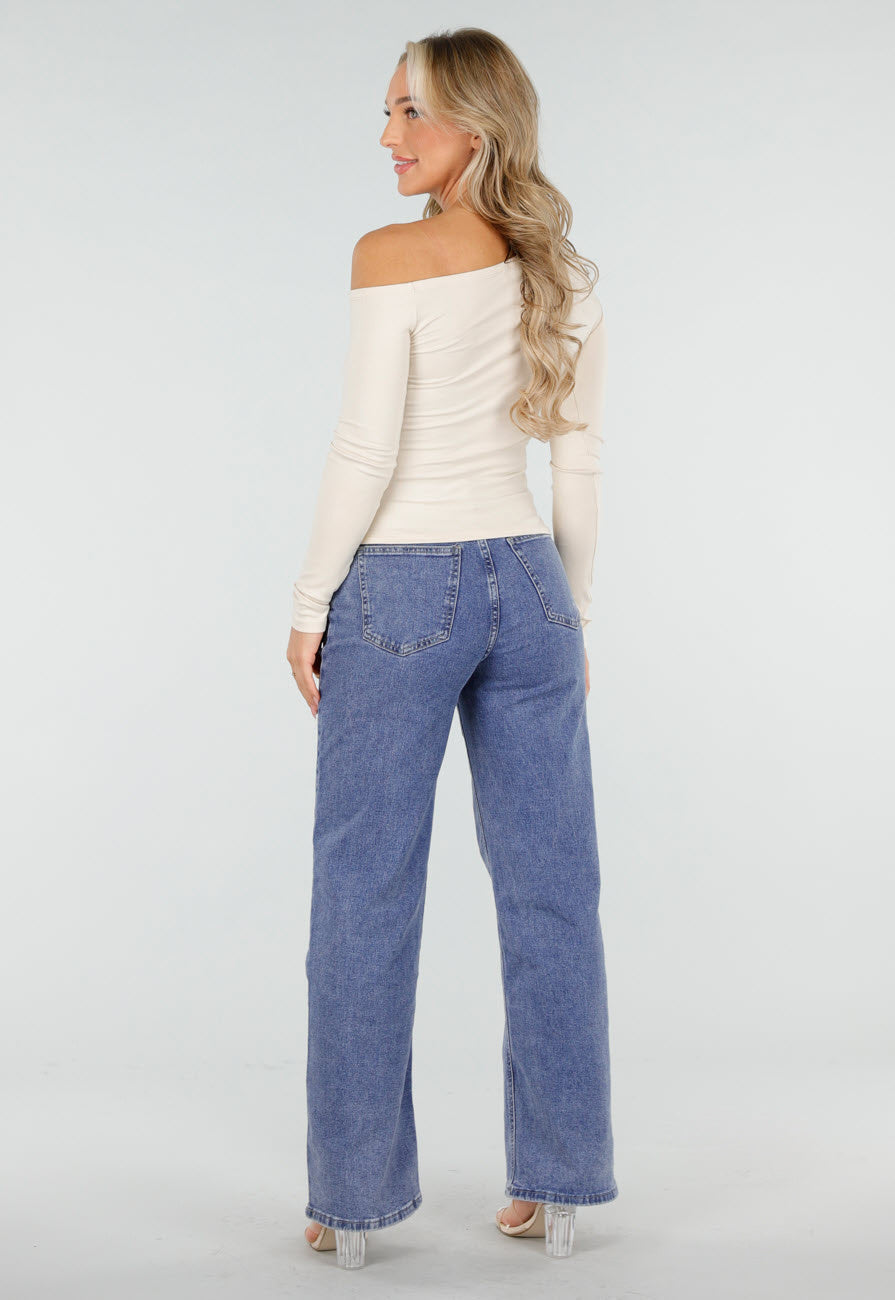 Top One Shoulder Lange Mouwen in Beige met Stretch