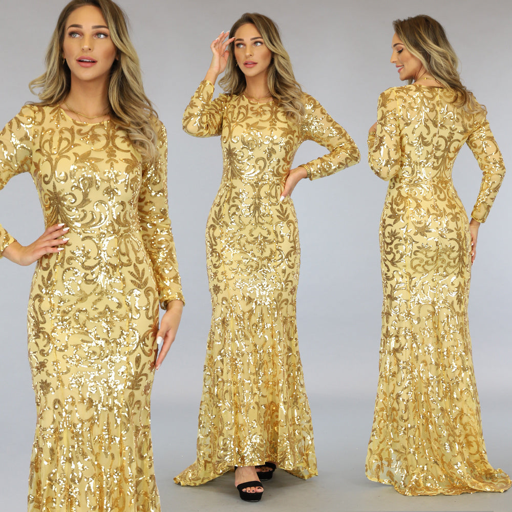 Gouden Mesh Jurk met Pailletten en Onderjurk