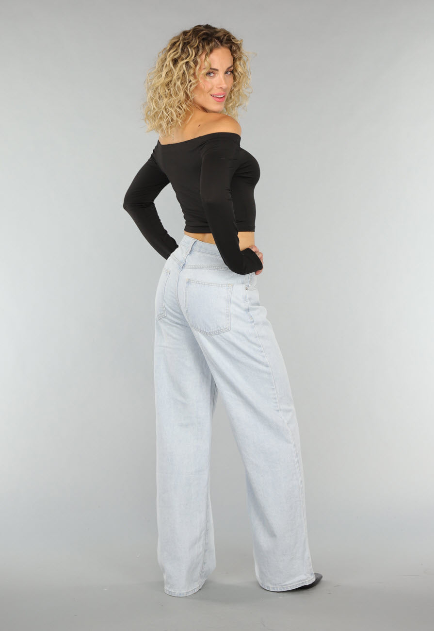 Zwarte Basic Longsleeve Off Shoulder Top met Duimgaten