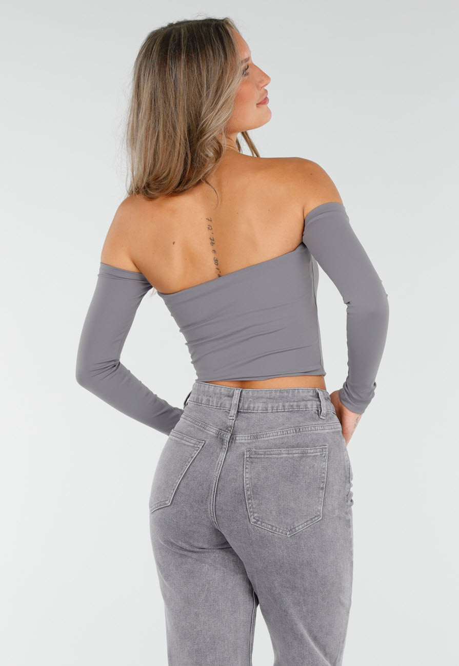 Grijze Off Shoulder Crop Top met Lange Mouwen