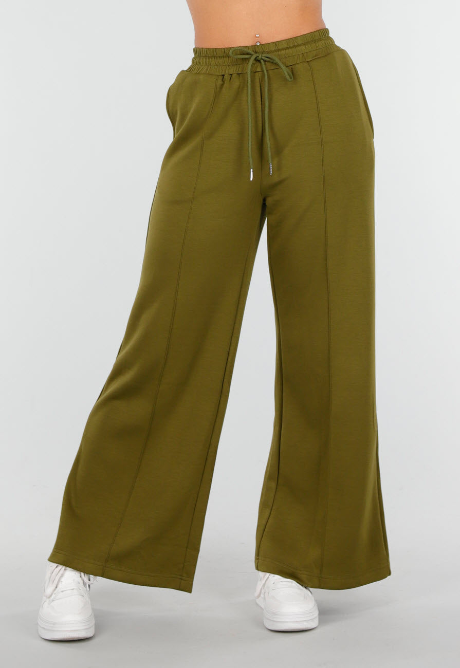 Olijfgroene Wijde Broek met Hoge Taille en Trekkoord