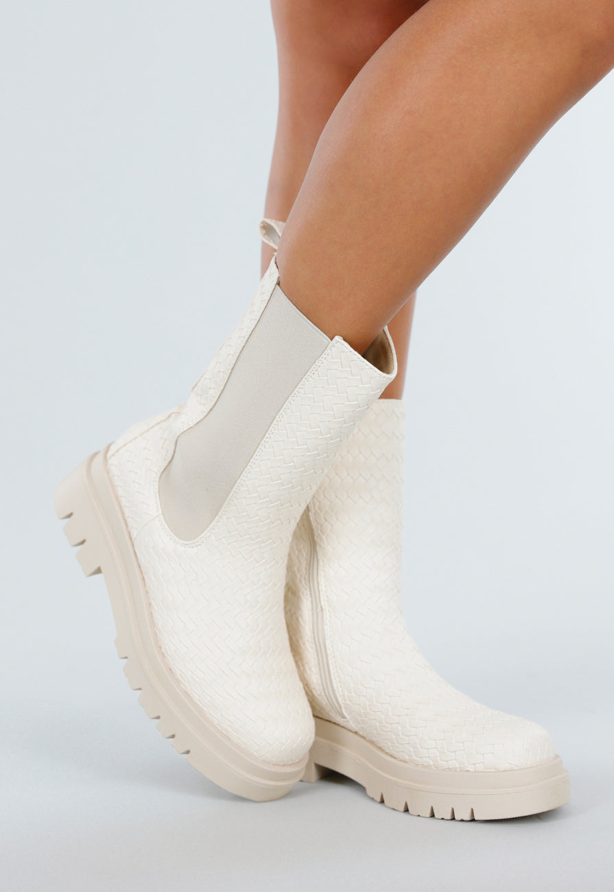 Beige Chelsea Boots met Geweven Detail en Chunky Zool