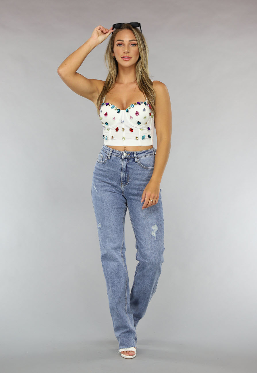 Witte Bustier met Grote Multicolor Strass
