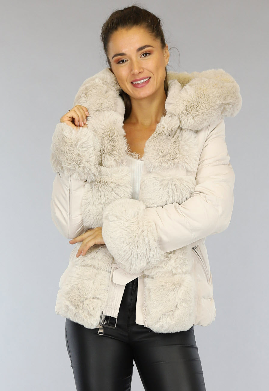 Beige Gewatteerde Winterjas met Bont en Riem