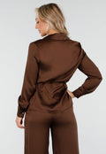 Bruine Satijnlook Set met Blouse en Wide Leg Broek
