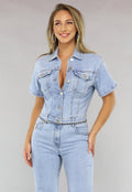 Redial Jeans  Blauwe Jeans Jumpsuit met Korte Mouwen en Straight Leg