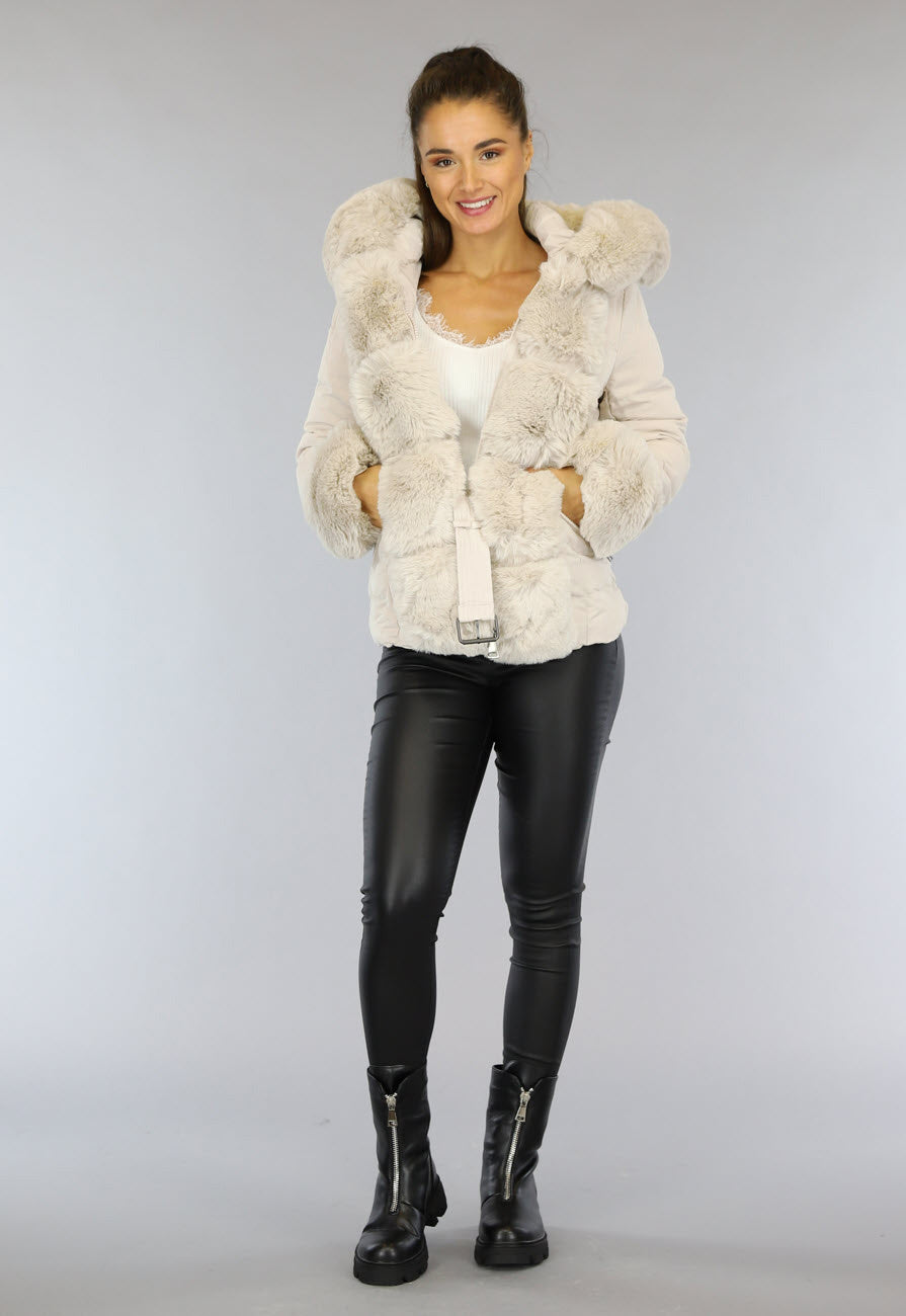 Beige Gewatteerde Winterjas met Bont en Riem