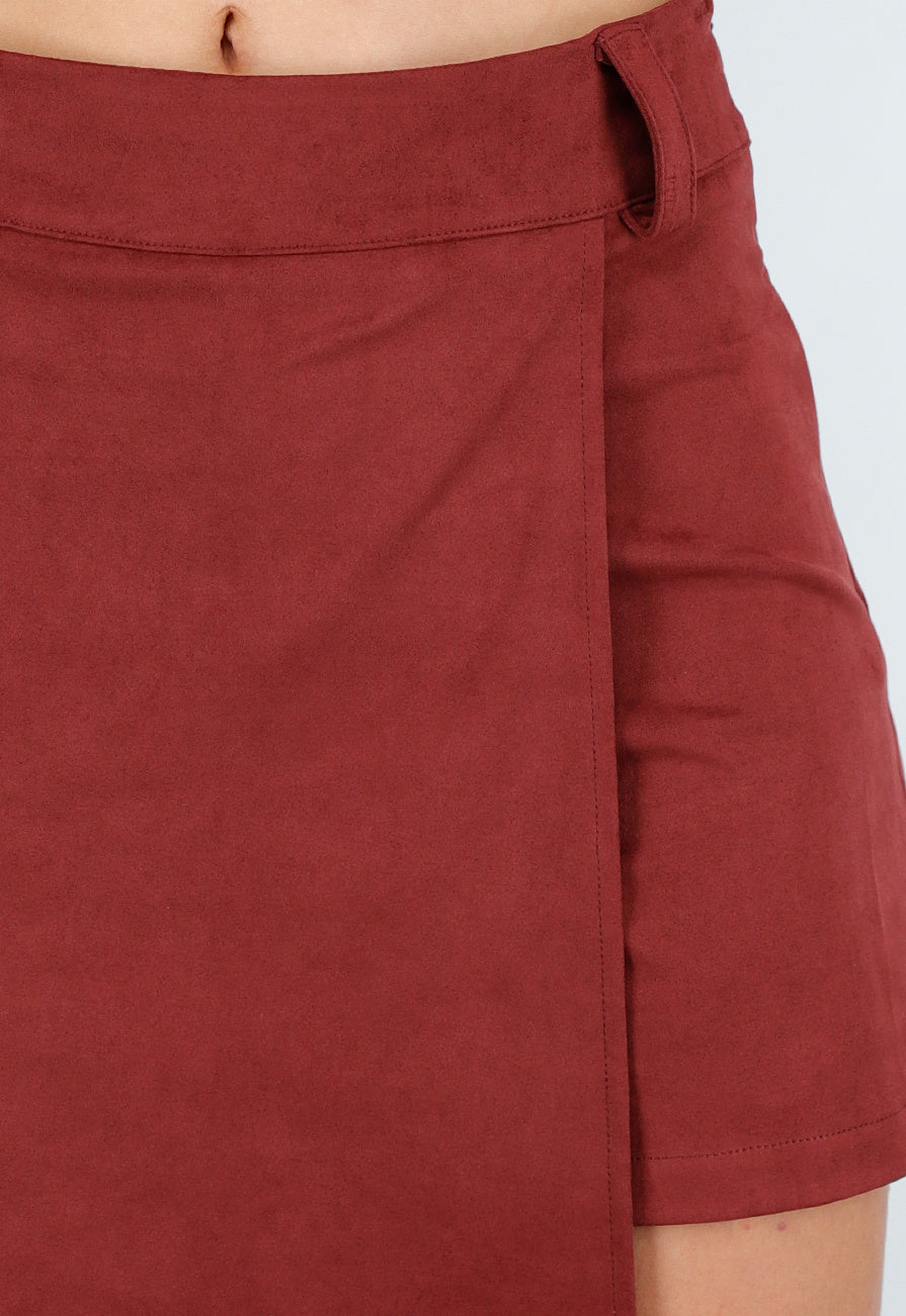 Rode Asymmetrische Skort met Stretch en Suède Look