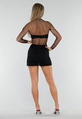 Zwarte Stretch Fishnet Top met Lange Mouwen en Grote Netstructuur