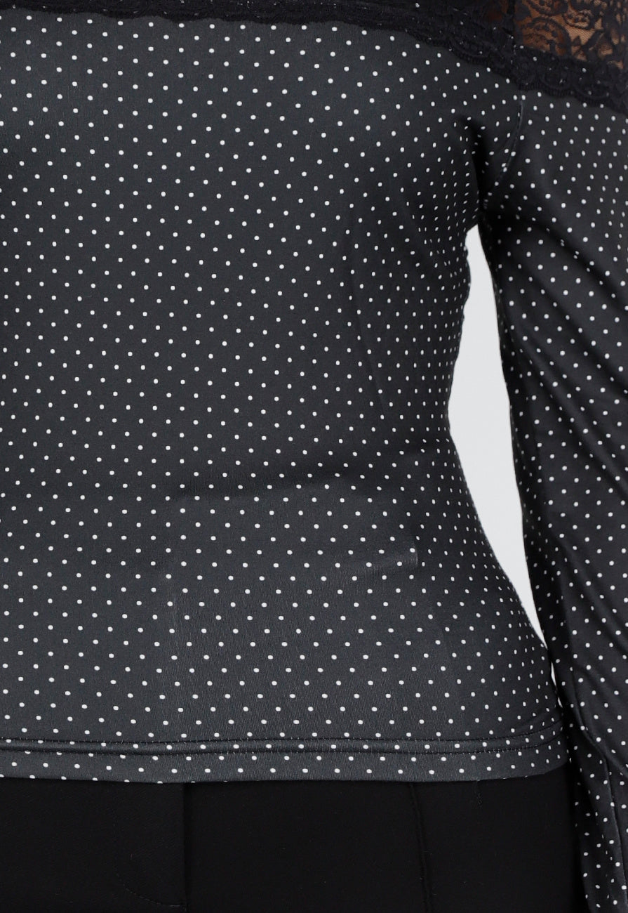Zwarte Off Shoulder Stretch Top met Kant en Stippenprint