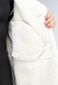 Zwarte Lange Lederlook Teddy Mantel Jas