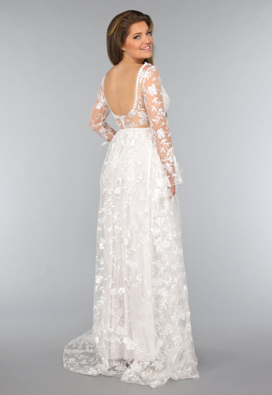 Lange Witte Bridal Jurk met Bloemen