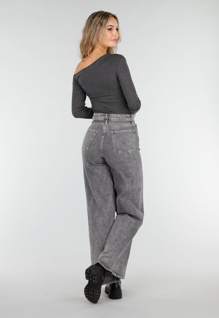 Redial Jeans  Grijze Wide Leg Stretch Jeans met Hoge Taille en Strikceintuur