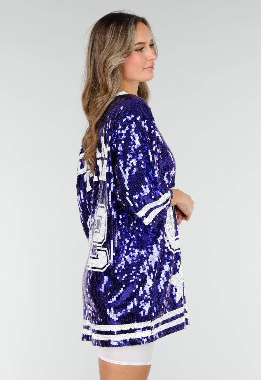 Blauwe Oversized Pailletten Jersey Top met V Hals