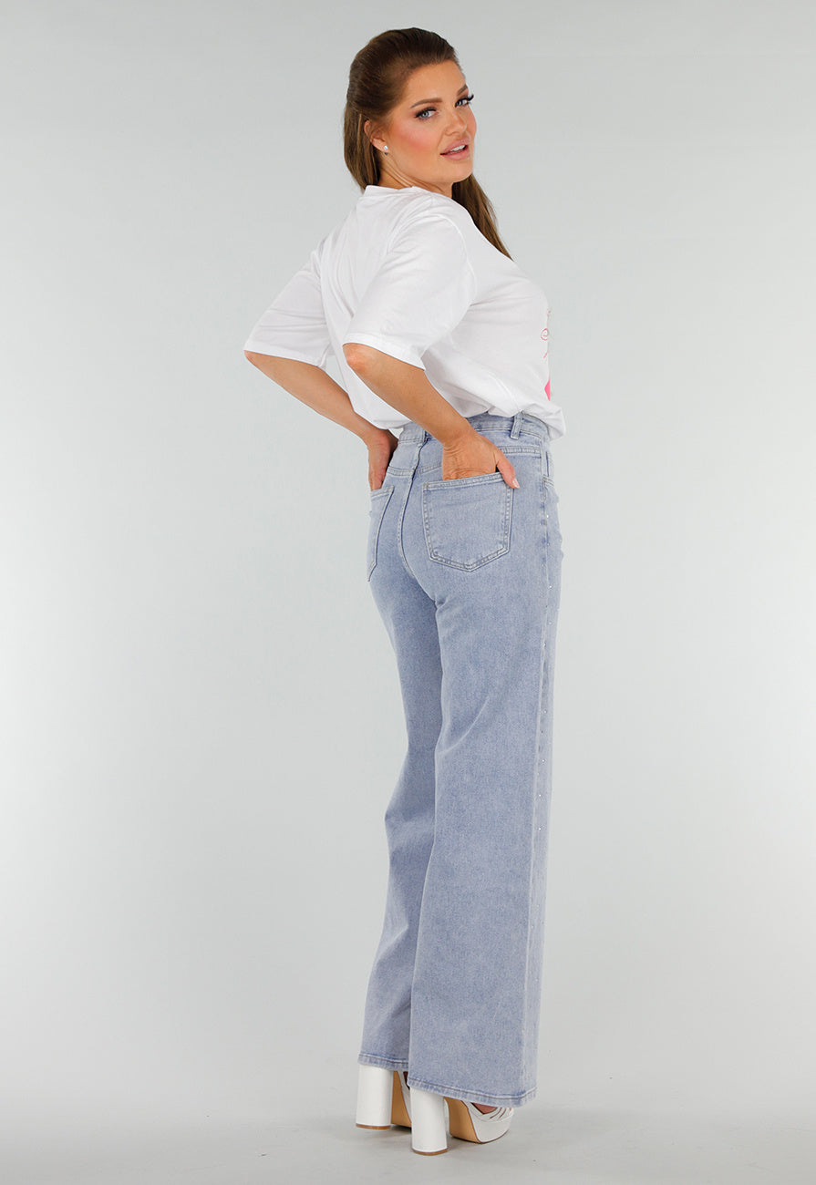Blauwe Denim Jeans met Strass, High Waist en Rechte Stretch Fit