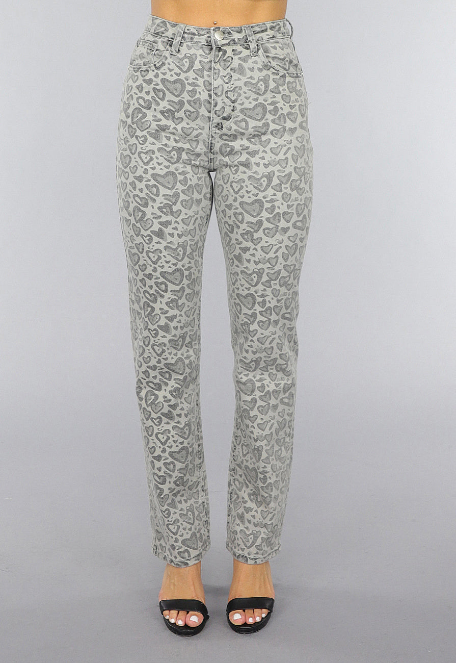Grijze Straight Leg Hartjes Jeans met Hoge Taille