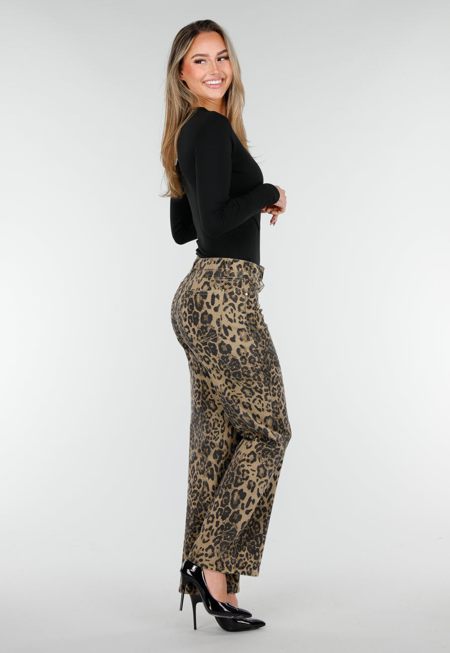 Bruine Luipaardprint Stretch Broek met Rechte Pijpen