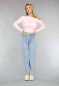 Lichtroze Geplooide Stretch Top met Lange Mouwen