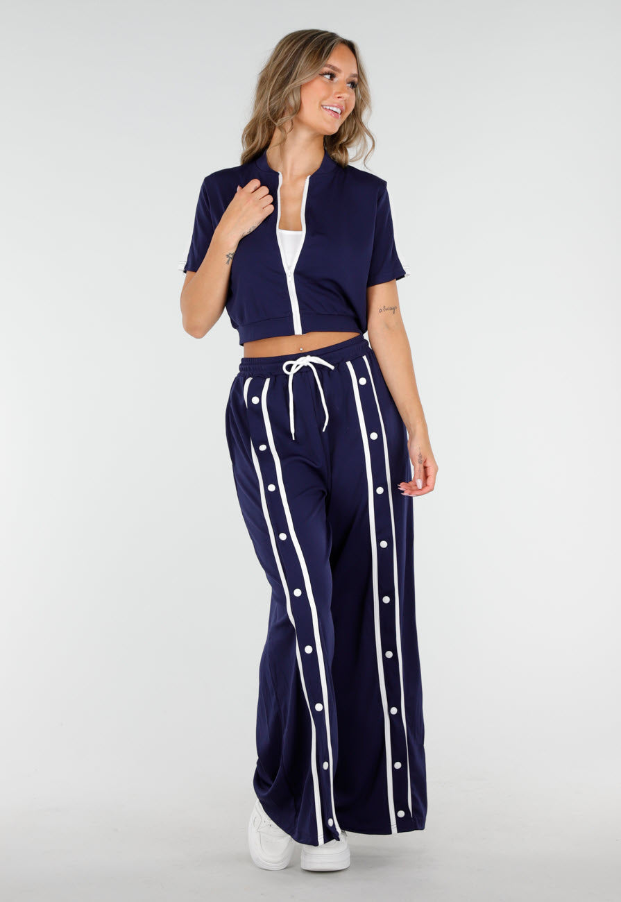 Donkerblauwe Two-Piece Set met Vestje en Wijde Pijpen