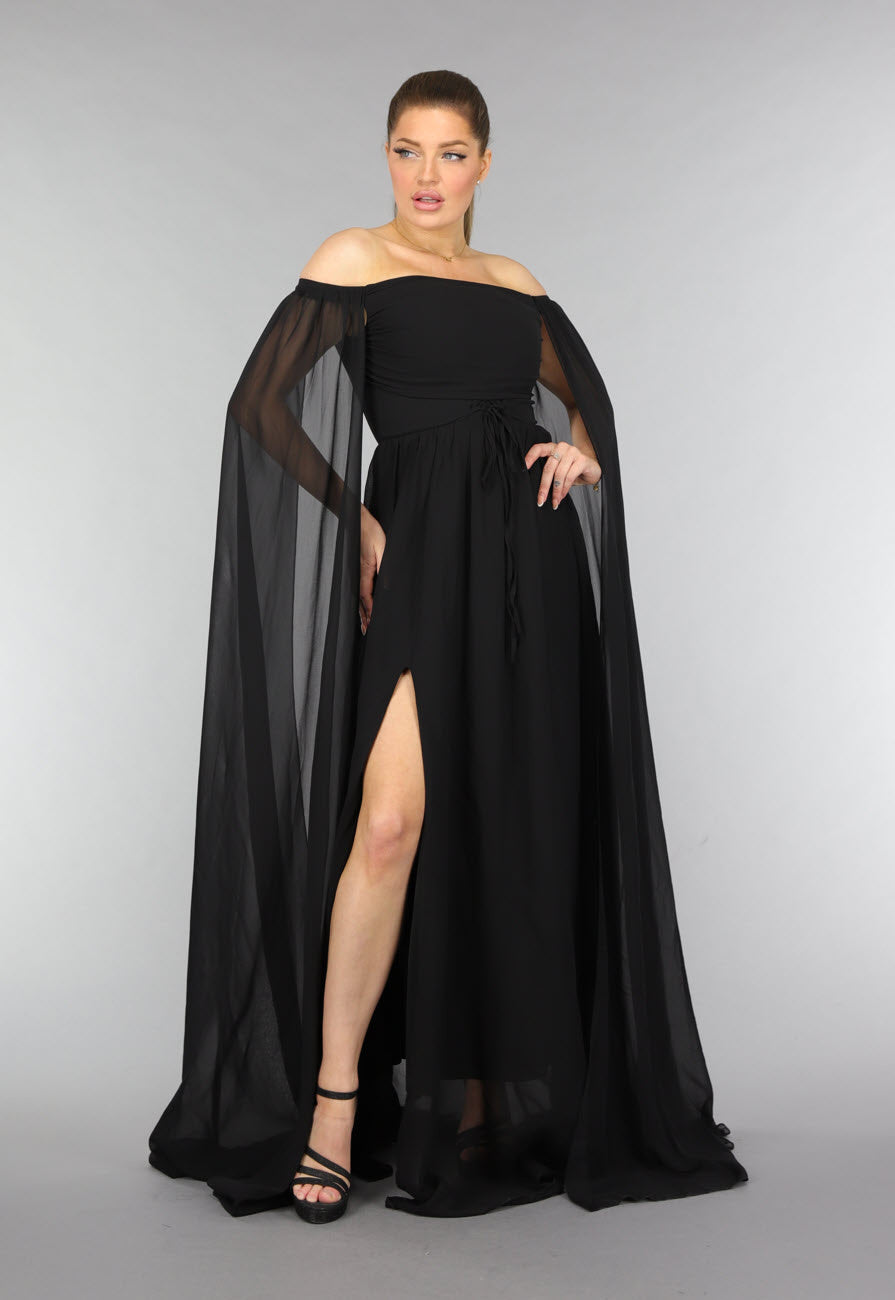 Padded Zwarte Galajurk met Lange Chiffon Mouwen