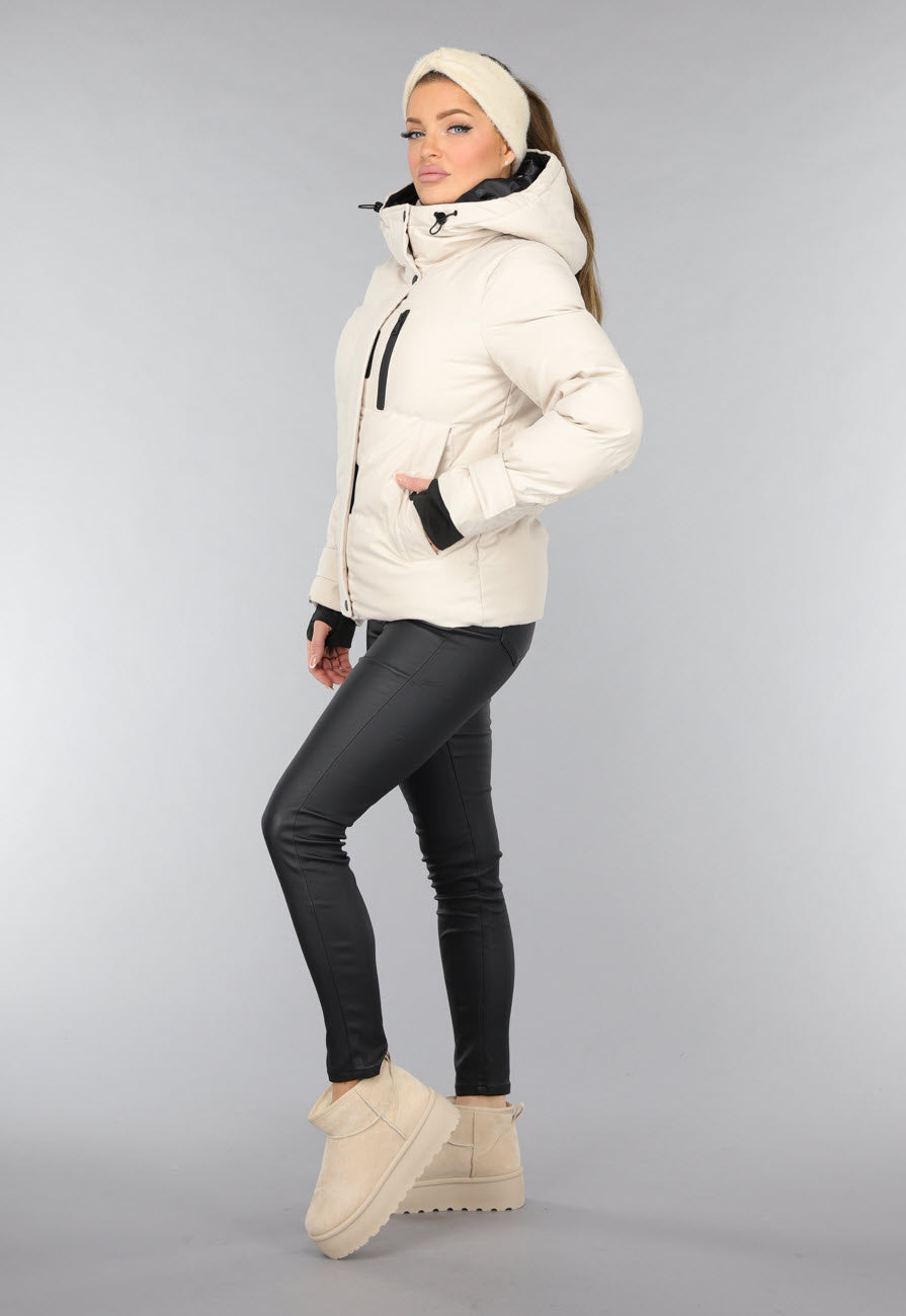 Korte Beige Winterjas met Duimgaten