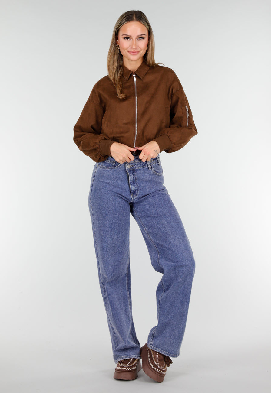 Bruine Cropped Bomberjas met Zilverkleurige Rits en Utility-Zak op de Mouw