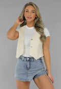 Beige Pin Stripe Print Gilet Top met Knopen