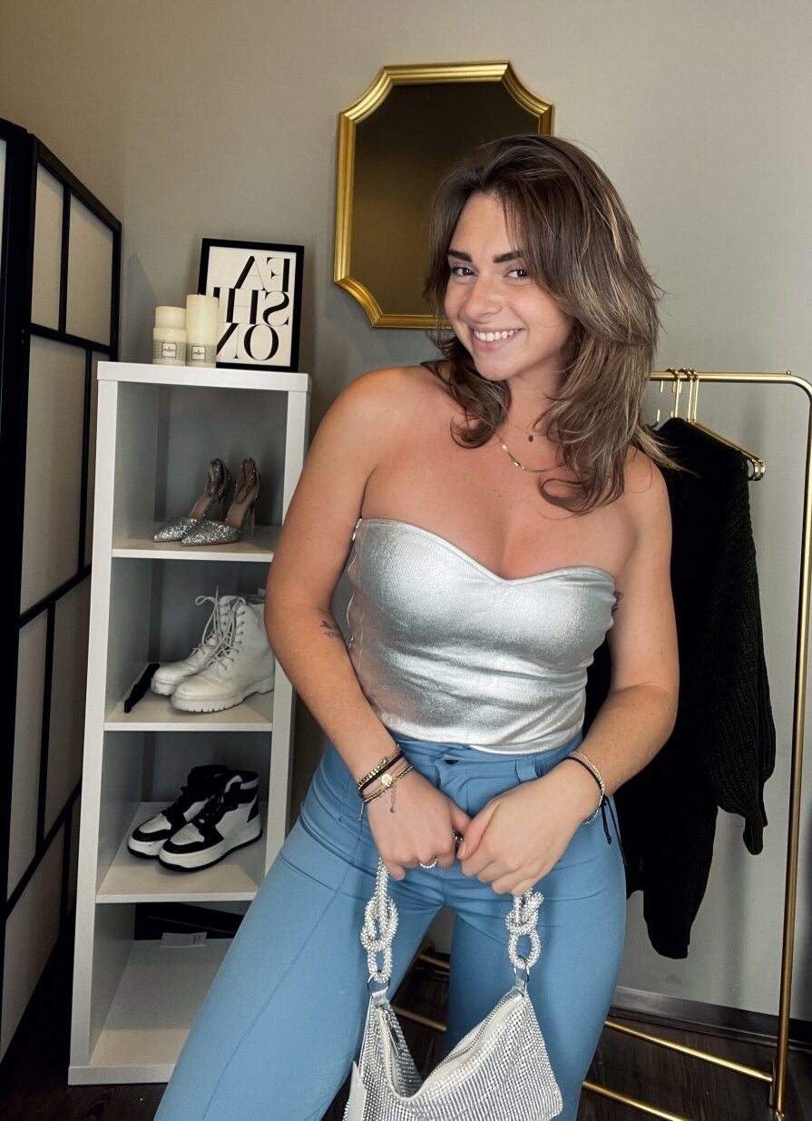 Metallic Zilveren Strapless Top met Sweetheart Halslijn