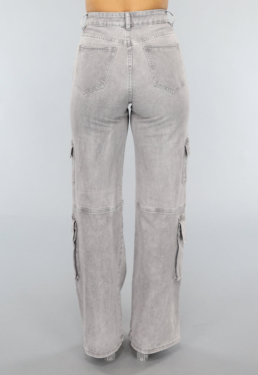 Lichtgrijze Jeans met Hoge Taille en Cargo Zakken