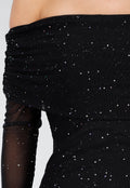 Zwarte Off Shoulder Maxi Glitter Jurk met Lange Mouwen