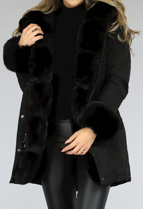 Zwarte Bont Winterjas met Capuchon
