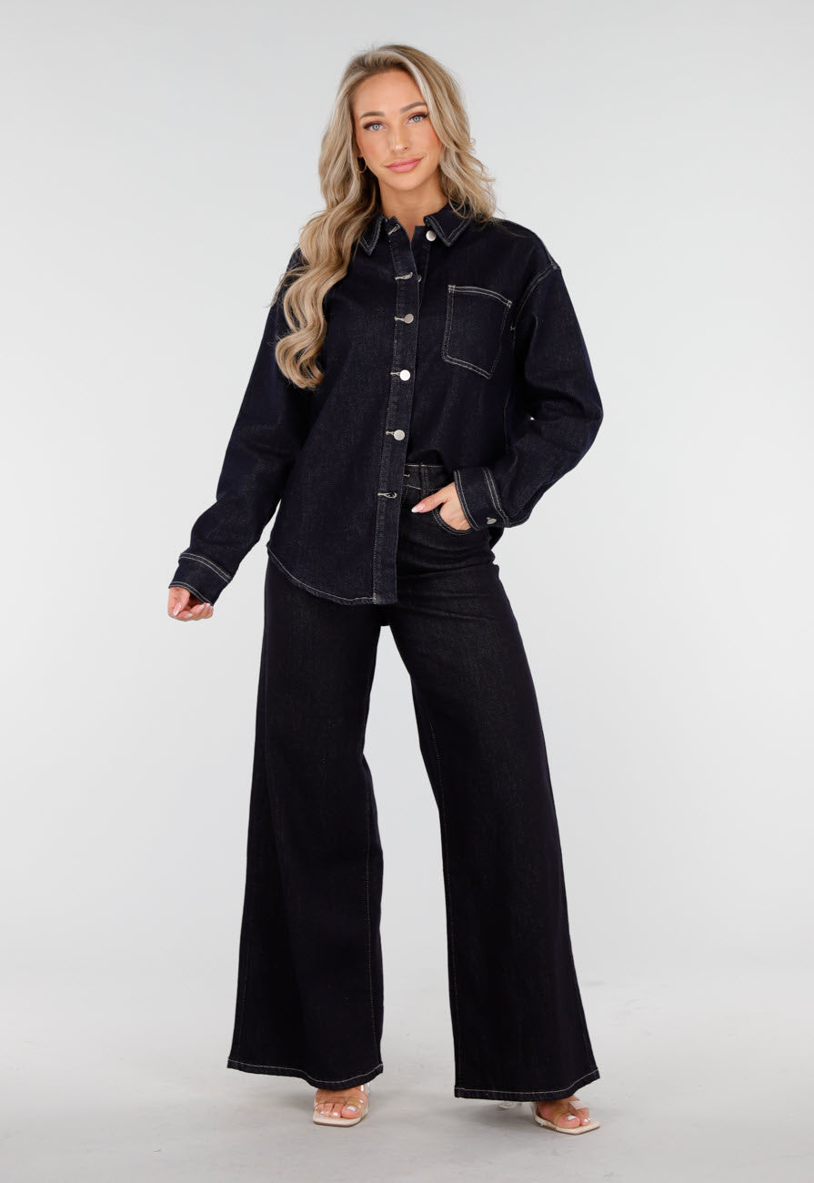 Donkerblauwe Denim Blouse met Lange Mouwen en Knopen