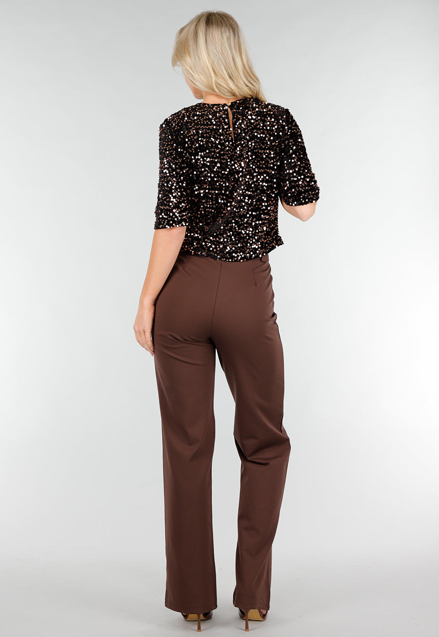 Bruine Pailletten Top met Korte Mouwen en Stretch