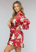 Rode Satin Kimono met Ruches en Print