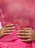 Neon Roze Fishnet Top met Korte Mouwen en Ronde Hals