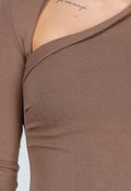Bruine Asymmetrische Stretch Top met Lange Mouwen en Rimpeldetail