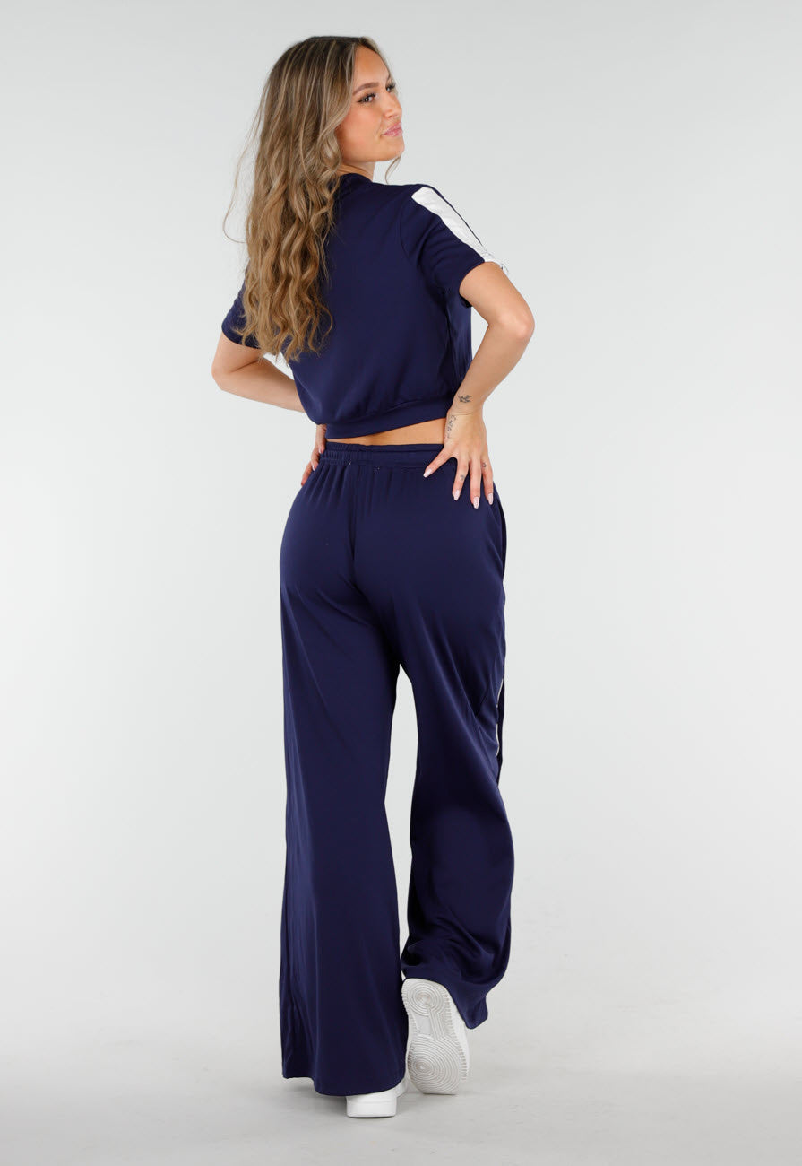 Donkerblauwe Two-Piece Set met Vestje en Wijde Pijpen