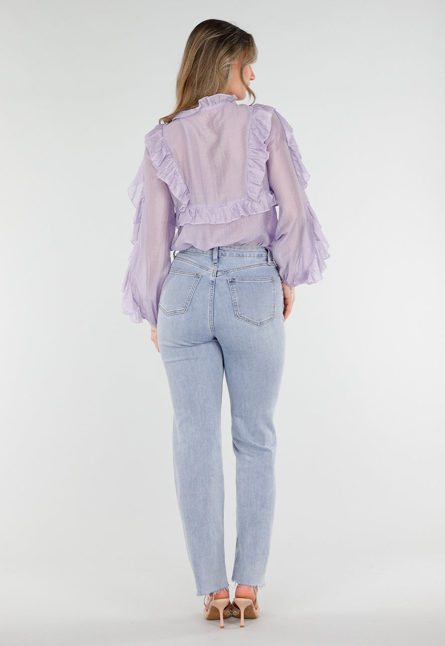 Lila Ruffle Blouse met Strikdetail en Lange Mouwen