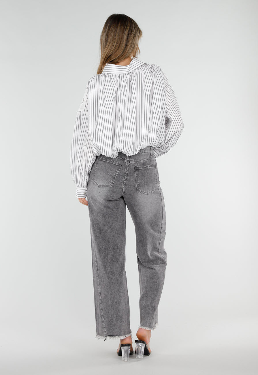 Grijs Wit Gestreepte Blouse met Kant en Lange Mouwen