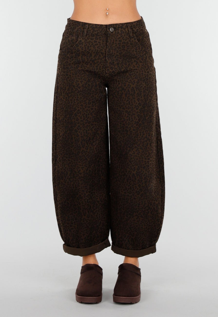 Bruine Barrel Jeans met Subtiele Animalprint en Omgeslagen Zoom