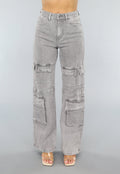 Lichtgrijze Jeans met Hoge Taille en Cargo Zakken