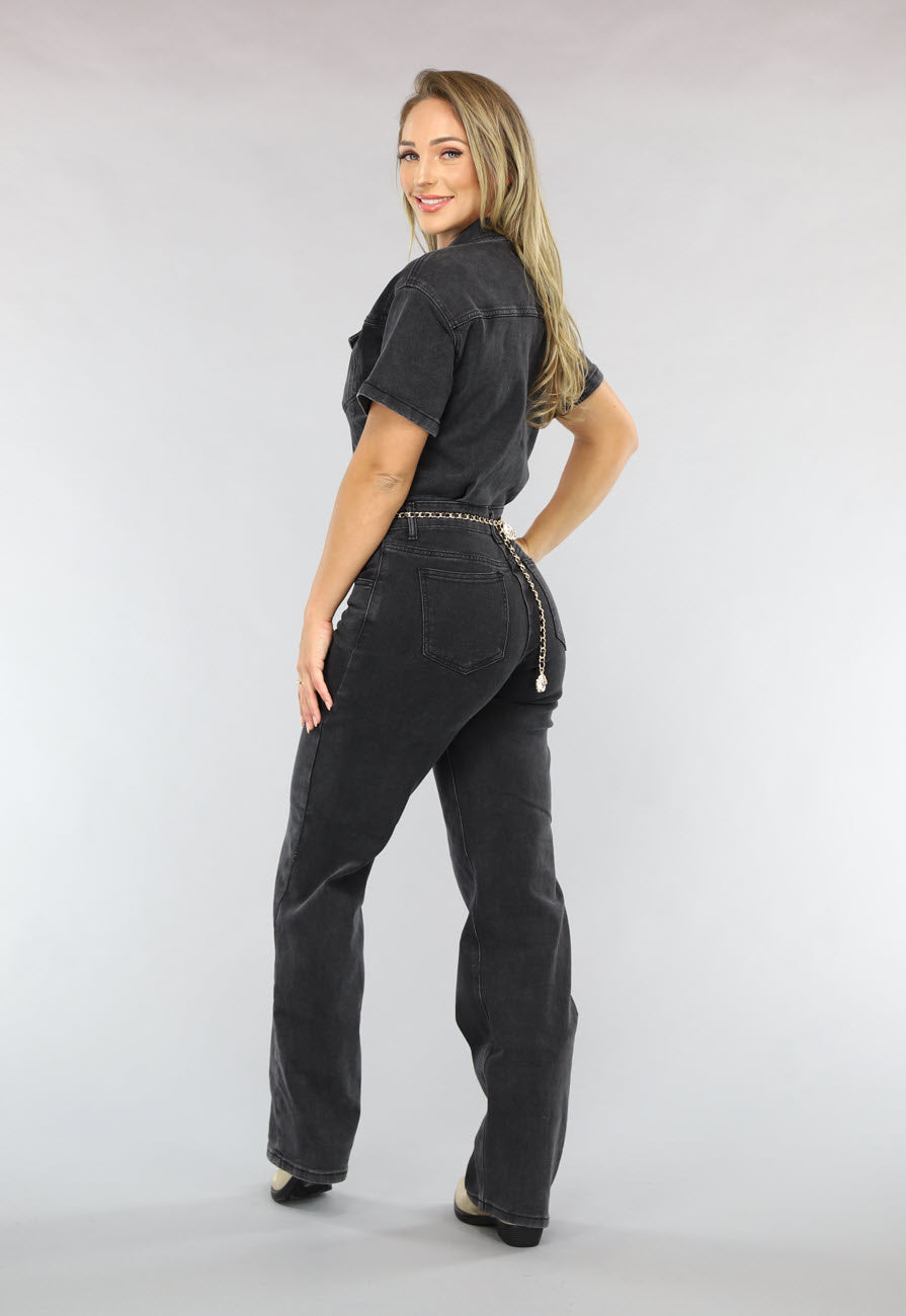 Redial Jeans  Zwarte Straight Leg Jeans Jumpsuit met Korte Mouwen