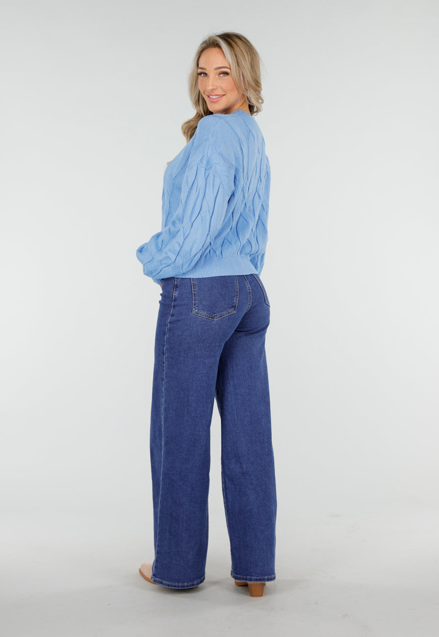 Blauwe Jeans met Hoge Taille en Wijde Rechte Pijpen