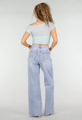 Lichtblauwe Mesh Crop Top met Korte Mouw en Pads
